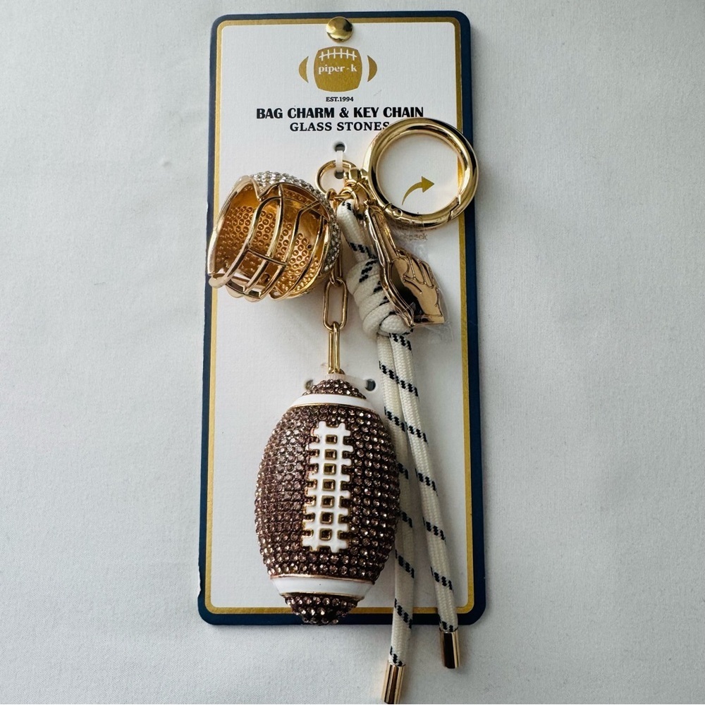 Piper K NEW Football Mom/Fan Key Chain/Bag Charm Gold Brown Glass Stone Accent